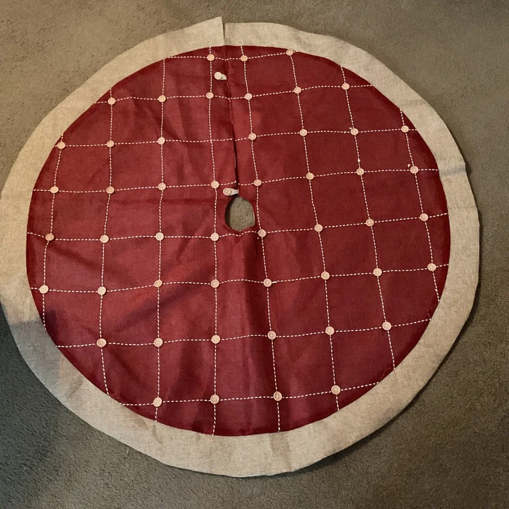 Round Christmas Tree Skirt Burgundy Linen Blend White‎ Stitched Buttons